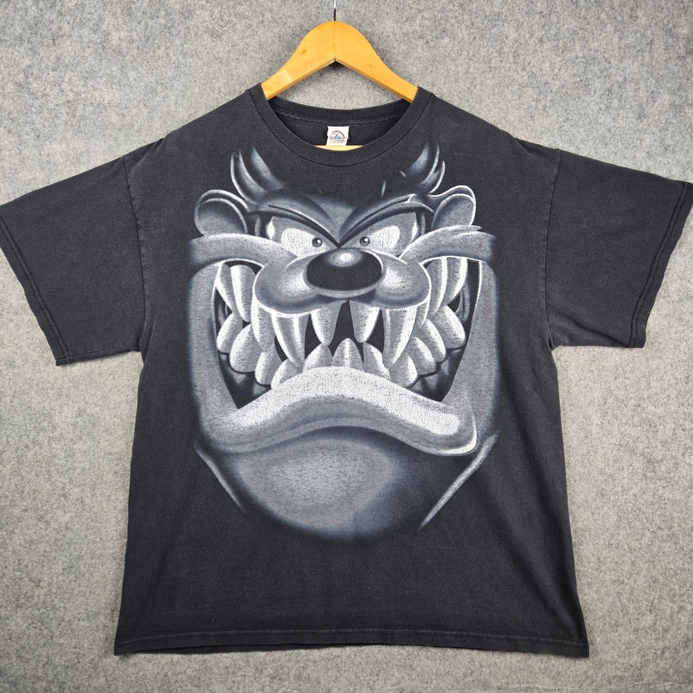 Vtg Looney Tunes Taz T-Shirt Mens L Black Big Face Graphic Tee Y2K Skater Grunge
